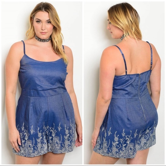 Janette Pants - Plus Size 1X Sleeveless Blue Shorts Romper